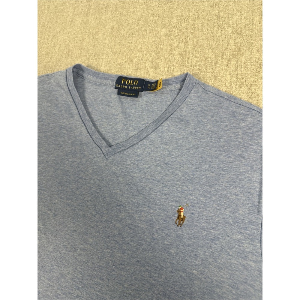 Polo Ralph Lauren V Neck T-Shirt Mens XL Blue Custom Slim Fit Logo Cotton